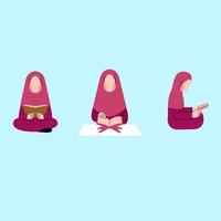 Set Of Hijab Girl Character Reading Quran vector