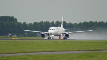 AMSTERDAM, THE NETHERLANDS JULY 27, 2017 - Air France Airbus 320 F GKXI taking off in the rain from Shiphol Airport, Amsterdam video