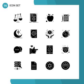 Set of 16 Modern UI Icons Symbols Signs for moon chart script calculator accounting Editable Vector Design Elements