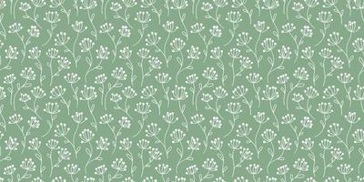 Green and white floral vector repeat pattern, background with flowers, hand drawn elements