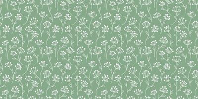 Green and white floral vector repeat pattern, background with flowers, hand drawn elements