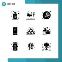 Pack of 9 Modern Solid Glyphs Signs and Symbols for Web Print Media such as iphone mobile address smart phone mail Editable Vector Design Elements