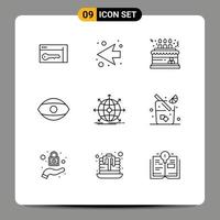 Mobile Interface Outline Set of 9 Pictograms of global vision cake human eye Editable Vector Design Elements