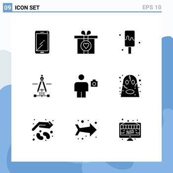 Editable Vector Line Pack of 9 Simple Solid Glyphs of camera avatar cream engineering drawing Editable Vector Design Elements