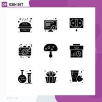 Group of 9 Solid Glyphs Signs and Symbols for mushroom picture business photo camera Editable Vector Design Elements