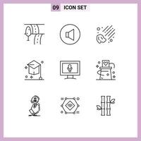 Editable Vector Line Pack of 9 Simple Outlines of card screen space monitor hat Editable Vector Design Elements