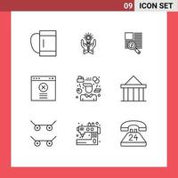 Pack of 9 Modern Outlines Signs and Symbols for Web Print Media such as person website marketing blocked reading Editable Vector Design Elements