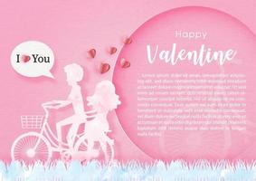 Closeup pink silhouette of lover ride a bike with Happy Valentine wording and example texts in a circle and on pink background. Valentine greeting card in paper cut and water colors vector design.