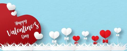 Closeup and crop big red and white small hearts with Happy Valentine's Day lettering, with red and white heart flowers on blue background. Web banner of Valentine's day in paper cut vector design.