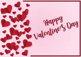 Many red hearts size in paper cut style and red frame with Happy Valentine's Day red wording on pink background. Valentine's day greeting card in vector design.