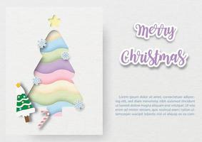 lindo y fantástico árbol de navidad del arco iris en estilo de corte de papel en tarjeta blanca con textos de ejemplo y letras de feliz navidad en el fondo del patrón de papel blanco. vector