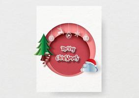 Christmas pine tree with objects of Christmas day in circle and paper cut style with Merry Christmas lettering on white card and white paper pattern background. vector