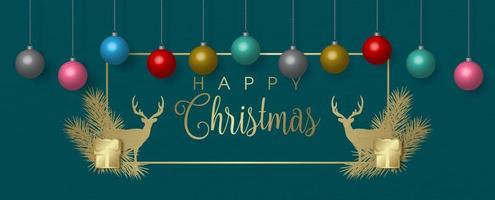 Colorful Christmas balls in 3d style hang on golden and decoration Christmas frame with Happy Christmas letters isolate on green background. vector