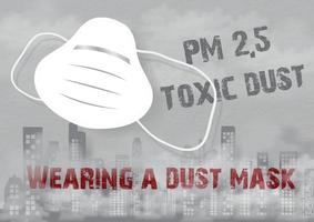 máscara antipolvo con texto de advertencia sobre el polvo pm 2.5 en la vista de la ciudad del paisaje en polvo y mala contaminación por niebla en el fondo gris. pm 2.5 Campaña de carteles de advertencia de contaminación por polvo en diseño vectorial. vector
