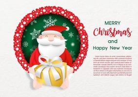 Santa Cruz cartoon character was in a circle hole with snowflake decoration and handed a golden gift box and wording of Christmas, example texts on white paper pattern background. vector