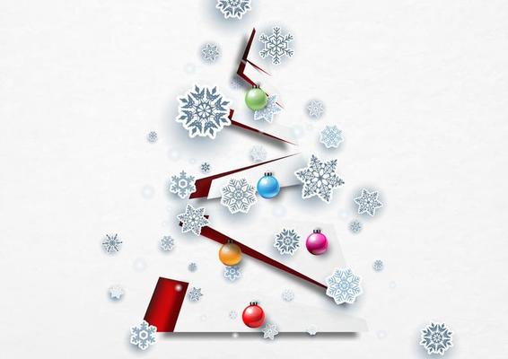 Snowflake with Christmas balls on modern and abstract Christmas tree in paper cut style on white paper pattern background