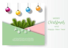 ramas de pino con bolas de navidad en papel rosa y verde con texto de navidad, textos de ejemplo sobre fondo de patrón de papel blanco. tarjeta de felicitación de navidad en 3d y estilo de corte de papel. vector