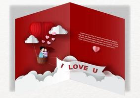 Lover in a balloon flying on clouds in paper cut and greeting card style and vector design.