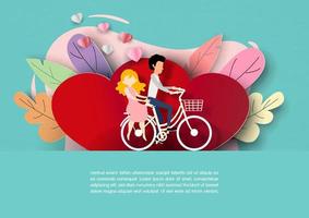 las parejas en personajes de dibujos animados montan una bicicleta en corazones gigantes rojos y una escena de hojas coloridas en estilo de corte de papel con textos de ejemplo sobre fondo de patrón de papel verde claro. vector