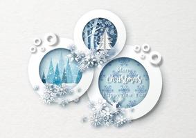 Beautiful snowflakes decorated on circles Christmas picture frame and white paper pattern background. Christmas greeting card in paper cut style and vector design.