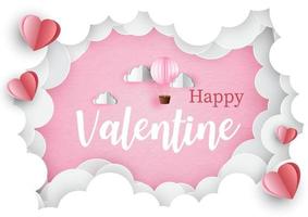 Happy Valentine lettering with pink balloon in giant of clouds hole and red hearts on pink background. Valentin day greeting card in paper cut style and vector design.