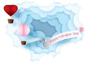 Letras de San Valentín feliz en cinta blanca con globo rojo y rosa en un agujero gigante de nubes sobre fondo azul. tarjeta de felicitación del día de san valentín en estilo de corte de papel y diseño vectorial. vector