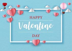 Happy Valentine day's wording in white frame and red harts, balloon with clouds on blue paper pattern background. Valentine greeting card in paper cut style and vector design.