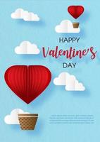 globos de corazón rojo en nubes blancas con letras de feliz día de san valentín y fondo de cielo azul. afiche y tarjetas de felicitación del día de san valentín en corte de papel y diseño vectorial. vector