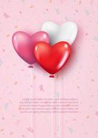 Pink, red and blue balloon in glossy heart shape and 3d style with example texts on party ribbons pattern and pink banner background. vector