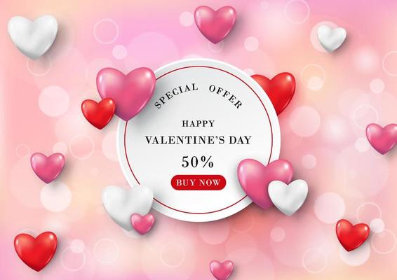 Valentine day's specials offer on white banner and harts on pink bokeh pattern background. Valentine greeting card in paper cut style and vector design.