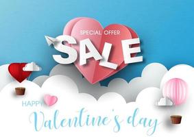 Valentine's wording sale with balloon and hearts on white layers could and blue paper pattern background. Valentine greeting card in sale banner paper cut style and vector design.