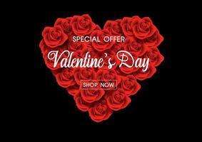 Valentine day's specials offer banner with red rose in a heart shape on back background. vector