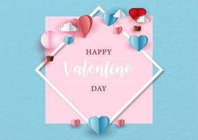 redacción de feliz día de san valentín en marco blanco y corazones rojos, azules, globo con nubes sobre fondo de patrón de papel rosa y azul. tarjeta de felicitación de San Valentín en estilo de corte de papel y diseño vectorial. vector