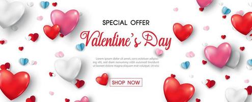 Valentine day's specials offer and colorful harts on white background. Valentine greeting card in paper cut style and vector design.