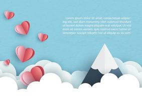 Big mountain with many hearts and space for texts in white clouds on blue background. Valentine greeting card in paper cut style and vector design.