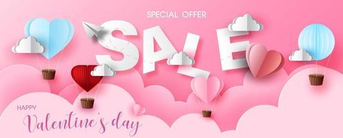 oferta especial del día de san valentín con redacción de venta en marco blanco y corazones rojos sobre fondo de patrón de nube rosa y bokeh. tarjeta de felicitación de San Valentín en estilo de corte de papel y diseño vectorial. vector