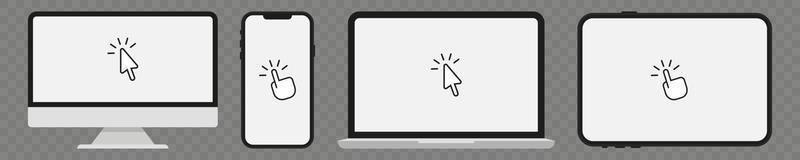 Set of computer, smartphone, laptop, tablet icons with click on the devices button. Vector illustration