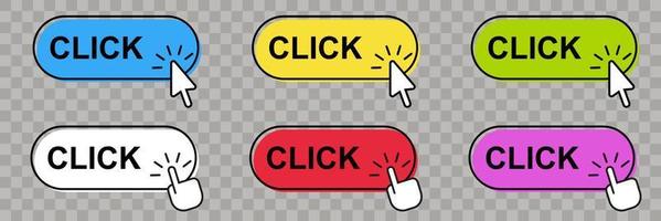 haga clic aquí botón con cursor de flecha. haga clic en el botón en estilo plano vectorial vector