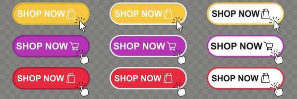 Online shopping. Click here, apply, buttons hand pointer clicking. Shop now button. Vector illustration in flat design