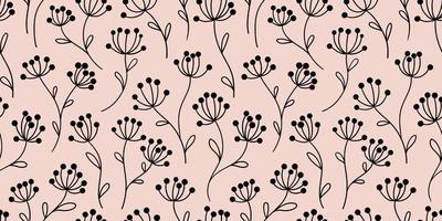 Black and pastel floral pattern, background with hand drawn vector flower doodles