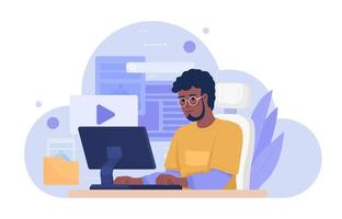 Employee using cloud storage 2D vector isolated illustration. Online content. Remote worker flat character on cartoon background. Colorful editable scene for mobile, website, presentation