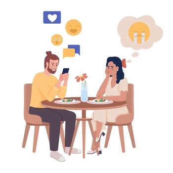 adicción al dispositivo caracteres vectoriales de color semiplano. figuras editables. personas de cuerpo completo en blanco. problemas de relación ilustración de estilo de dibujos animados simple para diseño gráfico web y animación vector