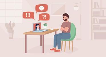 Negative review flat color vector illustration. Upset worker. Unsatisfied feedback. Fully editable 2D simple cartoon character with home interior on background