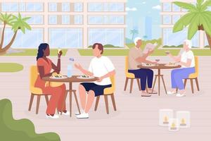 resort cafe ilustración de vector de color plano. vacaciones de verano. disfrutar el tiempo juntos. actividad de pareja. viajes y entretenimiento. personajes de dibujos animados simples 2d totalmente editables con paisaje urbano en el fondo