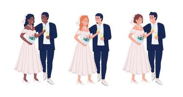 encantadores recién casados con vino espumoso conjunto de caracteres vectoriales de color semiplano. figuras editables. personas de cuerpo completo en blanco. colección de ilustraciones de estilo de dibujos animados simples para diseño gráfico web, animación vector