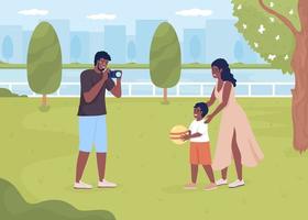Family spending time in park flat color vector illustration. Happy moments together. Weekend trip. Having fun with kid. Fully editable 2D simple cartoon characters with park on background