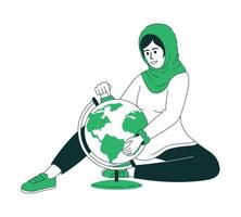 Lady finding location on globe flat color linear vector character