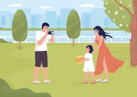 Couple with little daughter taking photos at park flat color vector illustration. Joyful time with family outdoor. Fully editable 2D simple cartoon characters with cityscape on background