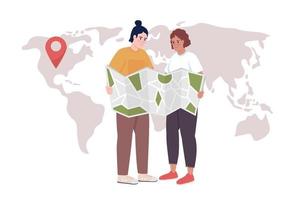 Couple planning vacation 2D vector isolated illustration. Travel with partner. Picking destination flat characters on world map background. Colorful editable scene for mobile, website, presentation