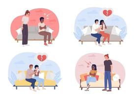 Fighting couple 2D vector isolated illustration set. Heartbroken girlfriend. Relationship issues flat characters on cartoon background. Colorful editable scene for mobile, website, presentation